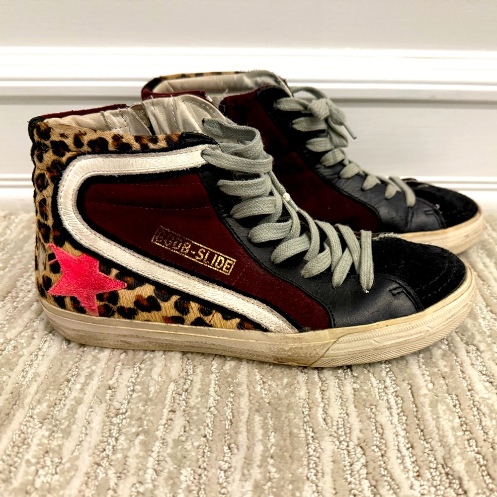 Golden Goose Leopard Leather + Calf Hair Hightop GGDB-slide Sneakers Size 37